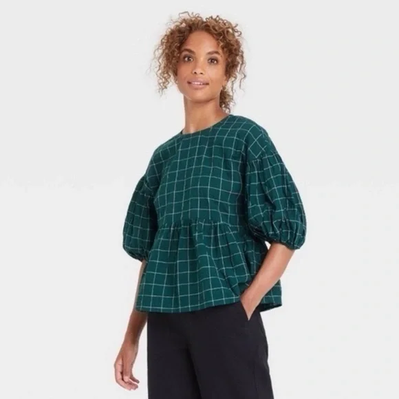 A new day green & white plaid windowpane peplum smock puff sleeve top size XL - Picture 1 of 14